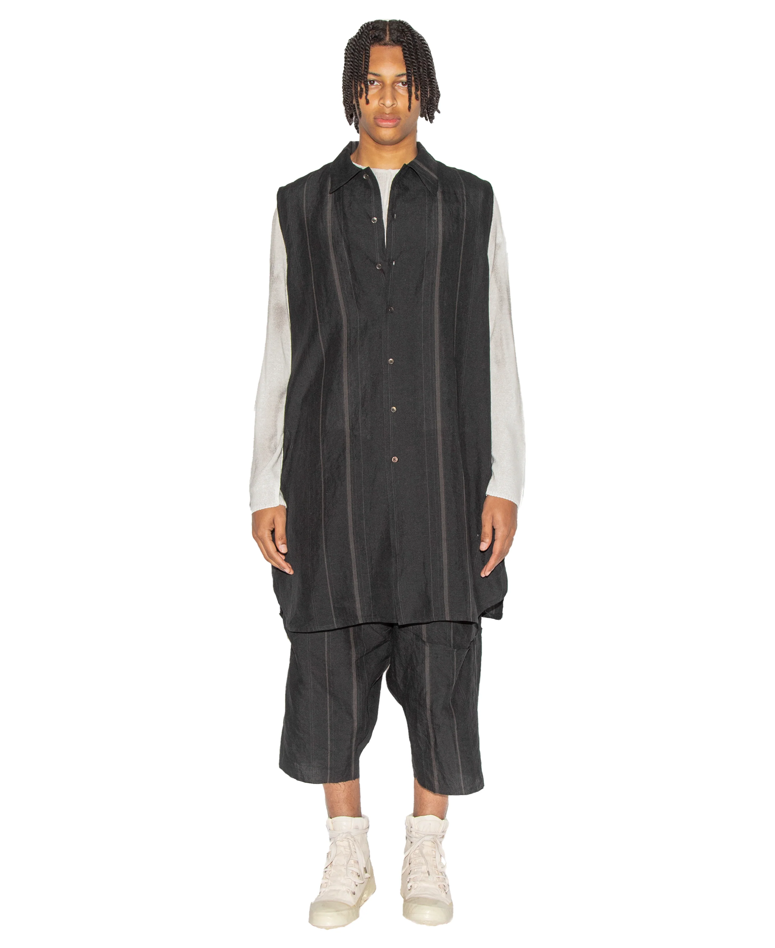Relaxed Fit Sleeveless Hand Woven Long Shirt - Image 3