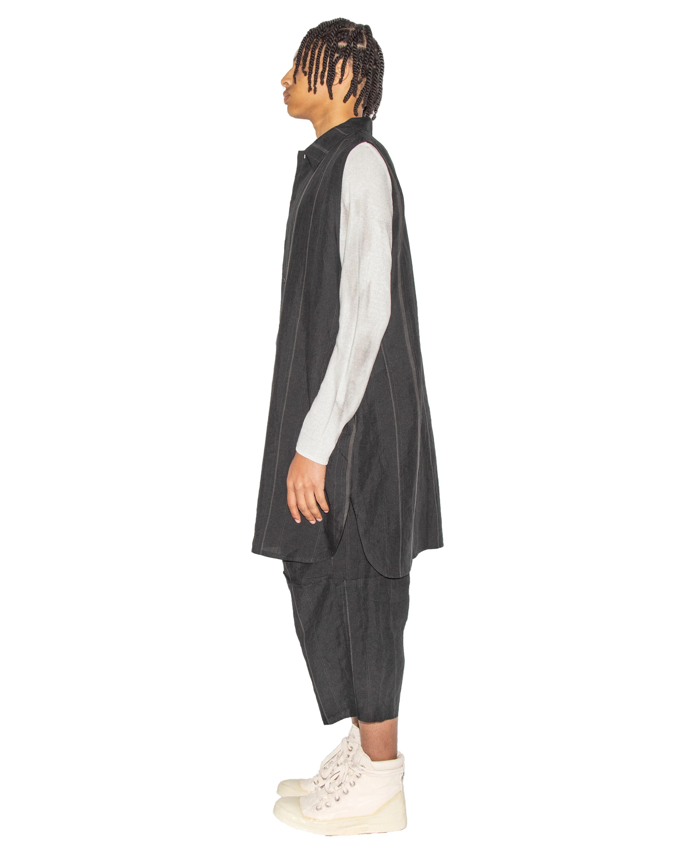 Relaxed Fit Sleeveless Hand Woven Long Shirt - Image 4