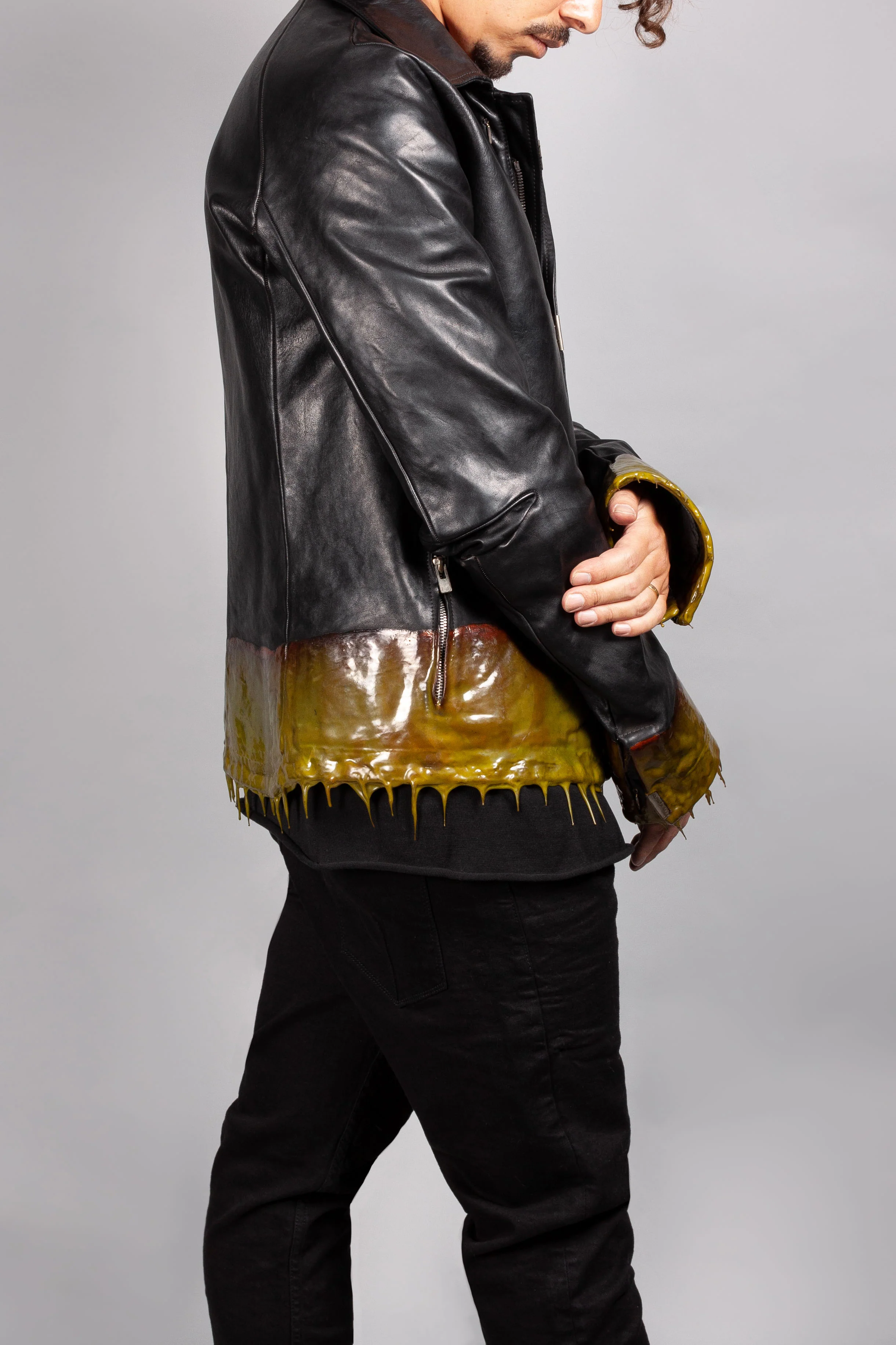 Object Dyed Lined Drip Rubber Leather Jacket - Image 2