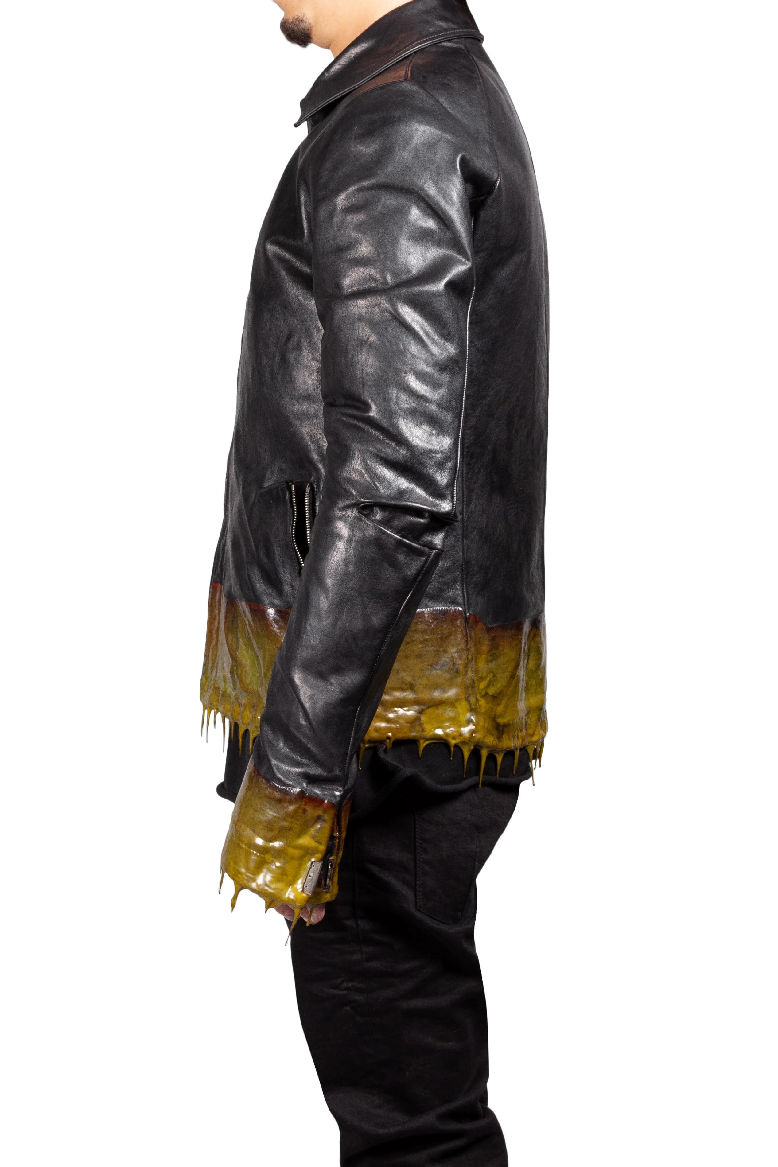 Object Dyed Lined Drip Rubber Leather Jacket - Image 3