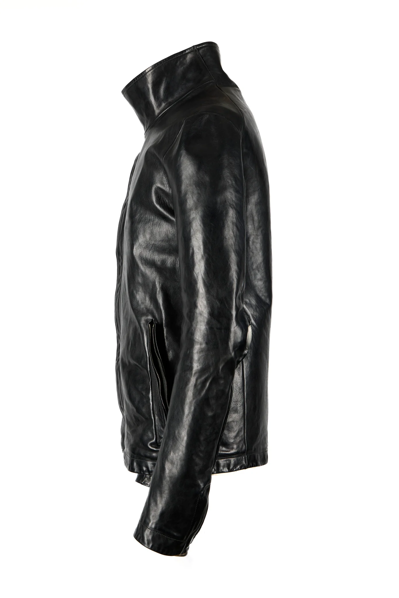Object Dyed Lined Prosthetic Elbow High Neck Leather Jacket - Image 2