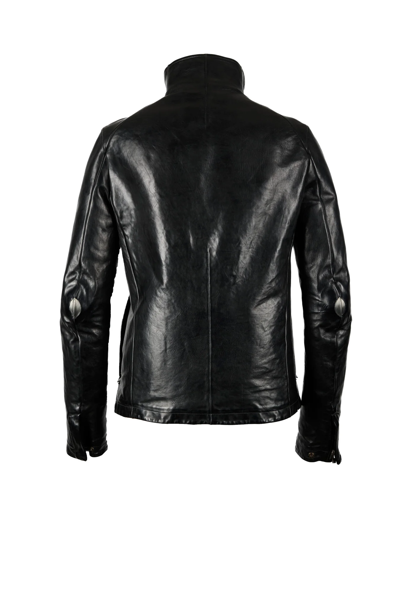 Object Dyed Lined Prosthetic Elbow High Neck Leather Jacket - Image 3