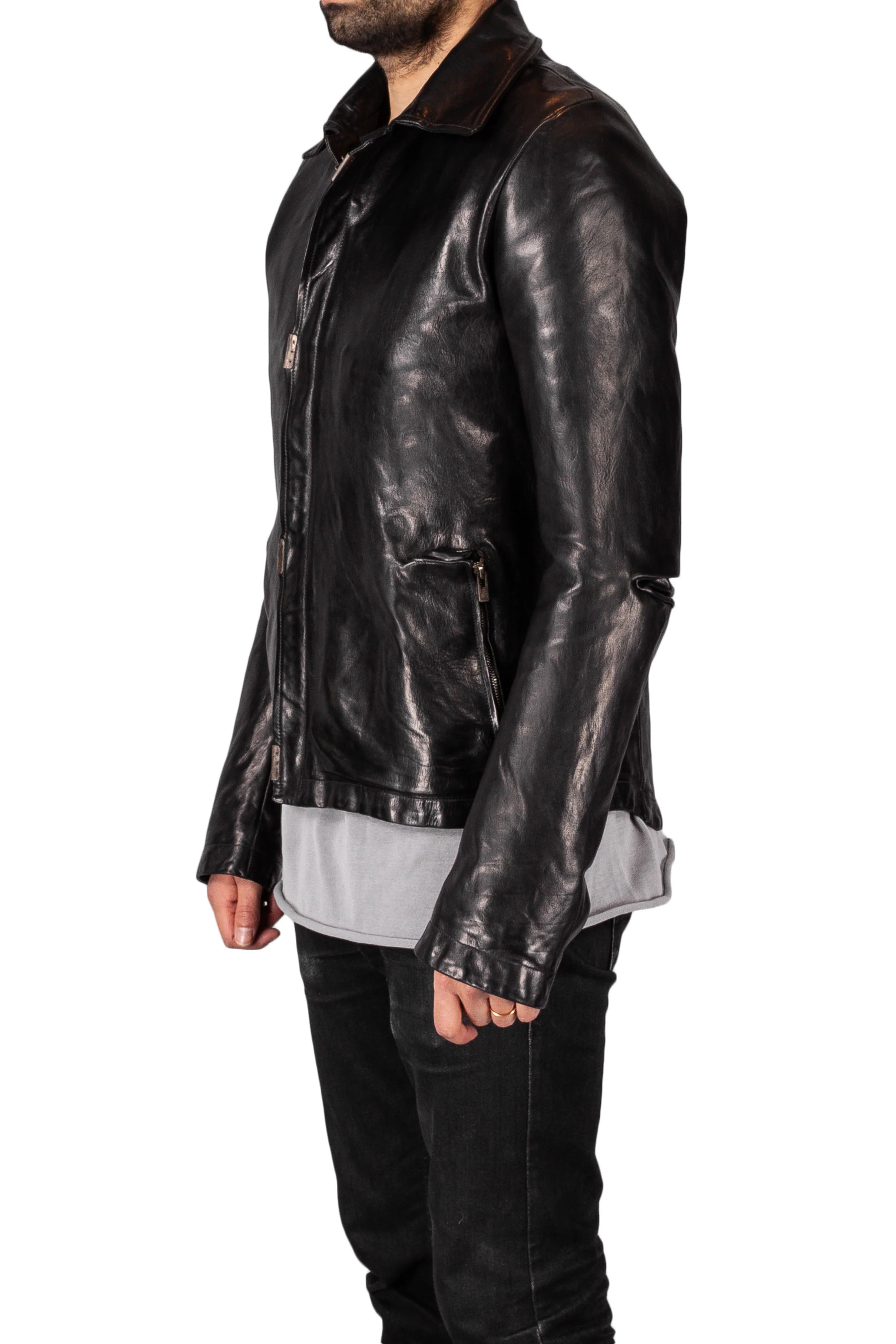 Object Dyed Lined Scarstiched Leather Jacket - Image 4