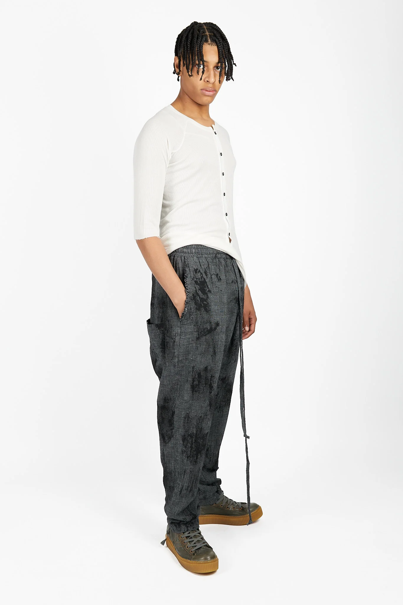 Prince of Wales Check Tie Dyed Drawstring Trousers - Image 2