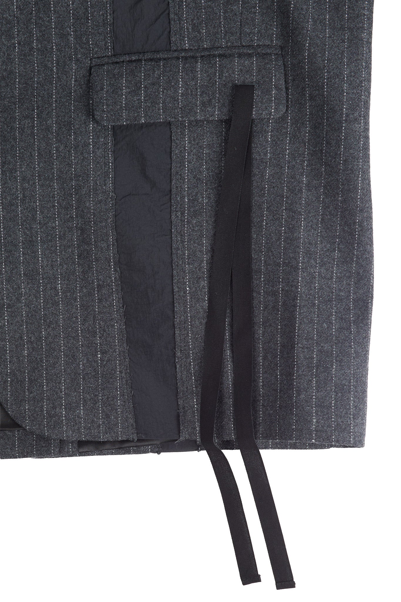 Pinstripe No Lapel Wool Over Jacket with Raw Cut Seam - Image 2