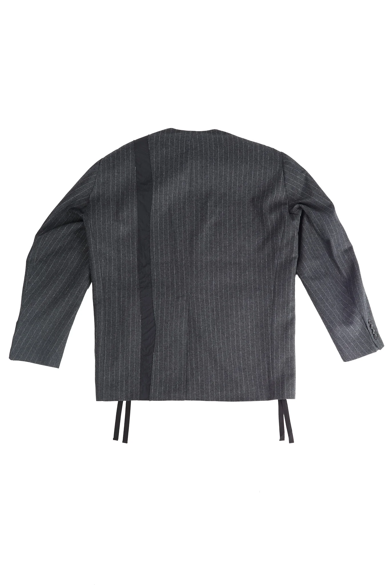 Pinstripe No Lapel Wool Over Jacket with Raw Cut Seam - Image 3
