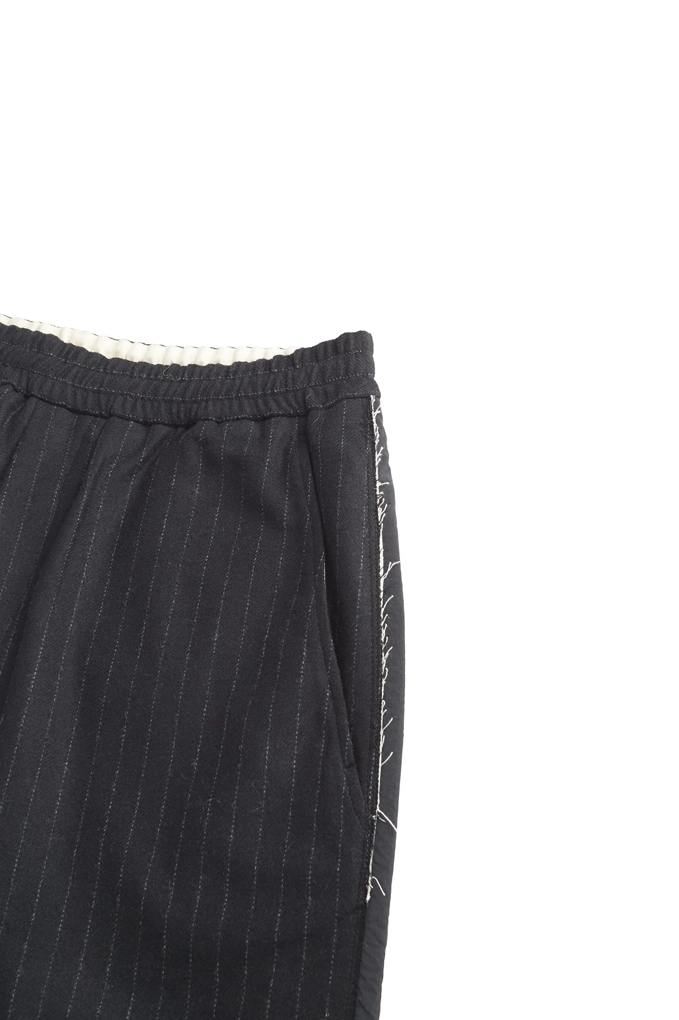 Pinstripe Wide Wool Trousers with Raw Cut Seam - Image 2